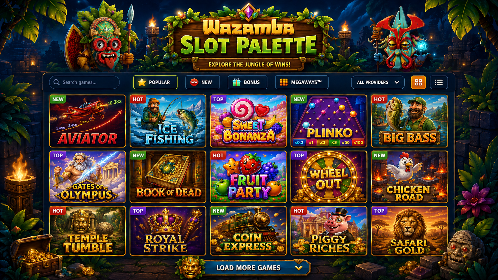 Stylised grid of Wazamba slot and live game tiles